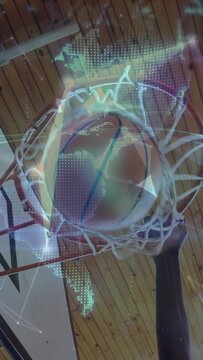 Vertical video: Player releasing basketball to hoop, AR globe wrapping rim and tracking stats