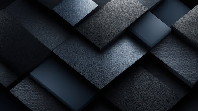 Dark geometric blocks with textured surfaces create modern abstract pattern, featuring overlapping rectangles and subtle lighting