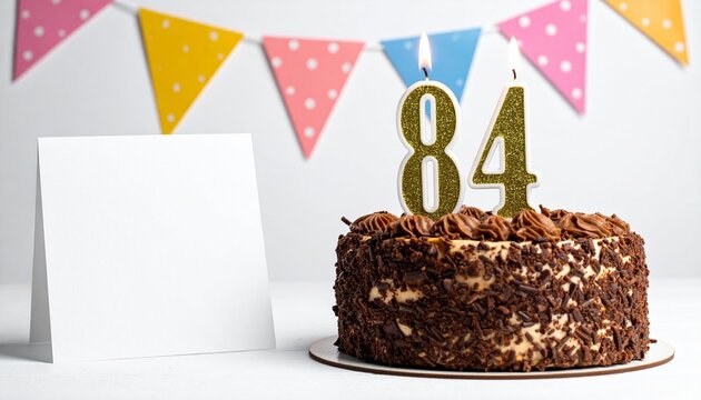 Birthday cake with number 84 candle and blank card with room for own message