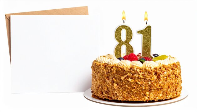 Birthday cake with number 81 candle and blank card with room for own message