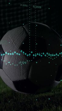 Vertical video: Soccer ball rotating turf, tech HUD fluctuating, blur nudging ball rolling to goal