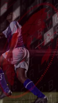 Vertical video: soccer player shifting, kicking ball while red overlay and flare moving for sports