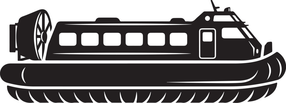 Black hovercraft, air cushion vehicle, side profile, vector illustration, transportation icon