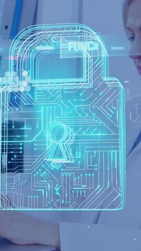 Vertical video: Lab scientist tapping tablet, activating holo padlock, verifying security status