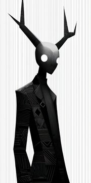 Vertical Wall Art Gothic Dark Side Creature With Antlers Abstract Line Patterns Illustration