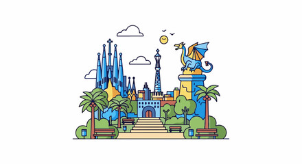 Naklejka premium Stylized cityscape featuring iconic architecture, dragon statue, and park elements