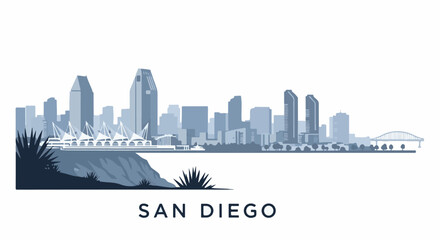 Fototapeta premium Stylized cityscape featuring waterfront convention center, tall buildings, and bridge
