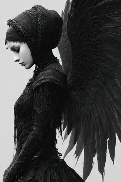 Vertical Wall Art Gothic Dark Side of Beautiful Angel Woman With Black Wings in Elegant Lace Dress