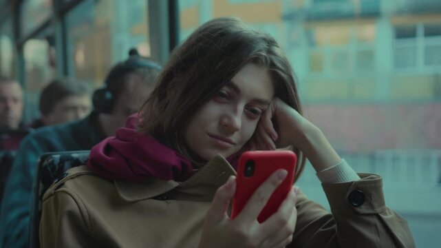 Female commuter surprised now, Young woman on bus transitions from boredom to startling surprise reaction