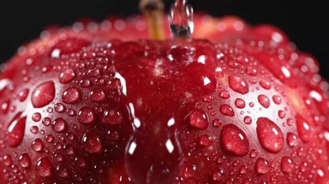 Closeup of a fresh red apple with water droplets on its surface against a black background