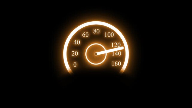 Glowing speedometer gauge at night showing high speed animation