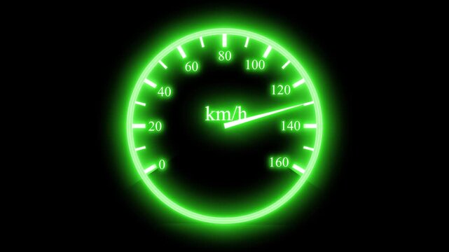 Glowing speedometer dial showing km/h on dark background animation