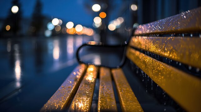 Rainy night scene with a wooden bench reflecting yellow streetlights amidst a wet urban environment