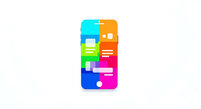 A colorful smartphone split into sections with different app icons on a white background center focused ai generated