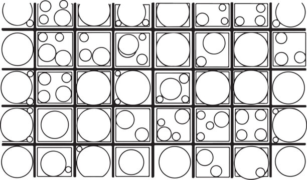 Geometric shapes, circles, grid pattern, black lines, white background, abstract design elements