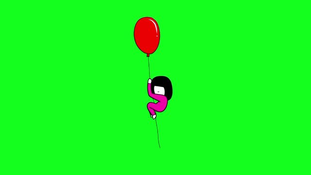 A minimalistic animated graphic depicting a cartoon character in pink, holding onto a thin string attached to a red balloon as it floats against a vibrant green backdrop, symbolizing a whimsical ascen