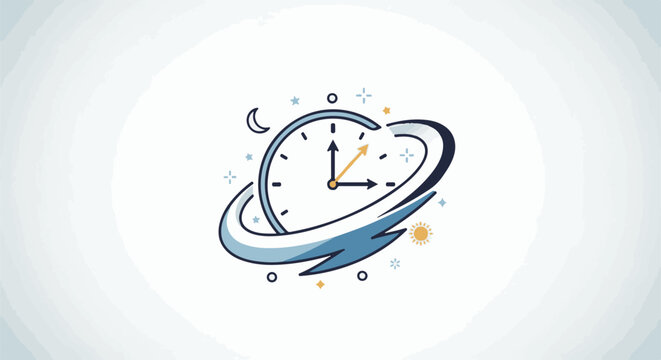 Stylized clock with orbital ring, moon, sun, and stars