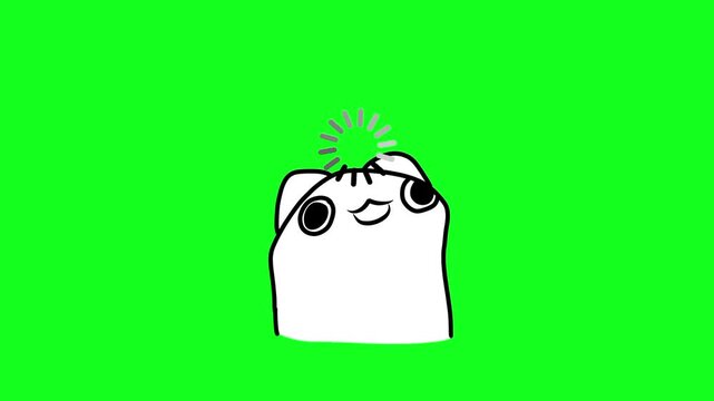 Animated white cat with 'loading' icon on green screen. This charming cartoon depicts a thinking concept, ideal for versatile digital content, adding humor