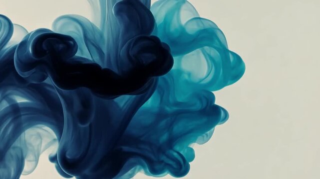 Abstract Blue and Teal Ink Flowing in Water on White Background