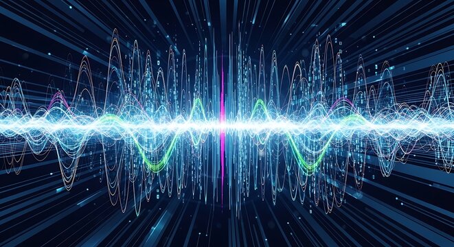Digital visualization of sound waves with lines radiating from the center, futuristic