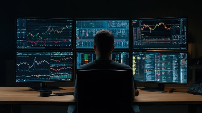 Business professional analyzing multiple financial trading screens displaying stock market data and trading systems