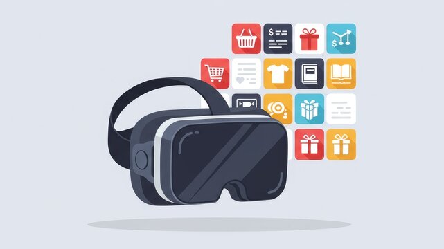 Virtual reality headset and shopping icons illustrating online retail and digital commerce