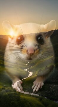 A surreal double exposure captures a whimsical sugar glider superimposed over a serene landscape at sunset, blending nature and animal life in an artistic composition.