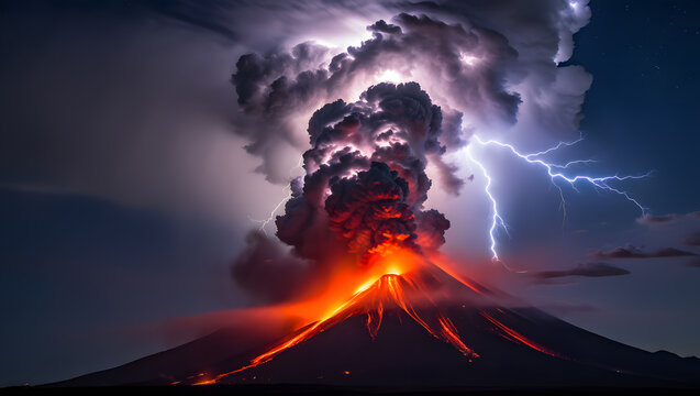 Volcano erupting with lava and ash cloud at night with lightning