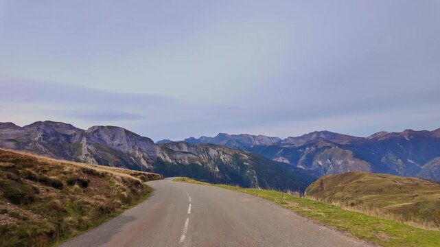 Driving up the Col d'Aubisque, France. Mountain pass in the French Pyrenees massif, symbol of the Tour de France in Bearn, France. Driving from Eaux-Bonnes to Gourette