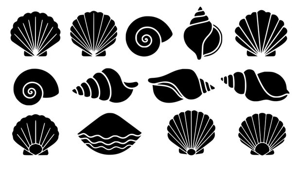 Seashell silhouette icon set beach shell vector symbols