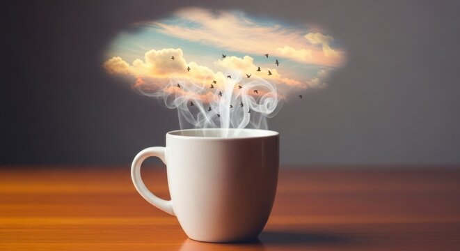 Steaming coffee cup with cloud and sky imagery composite photo