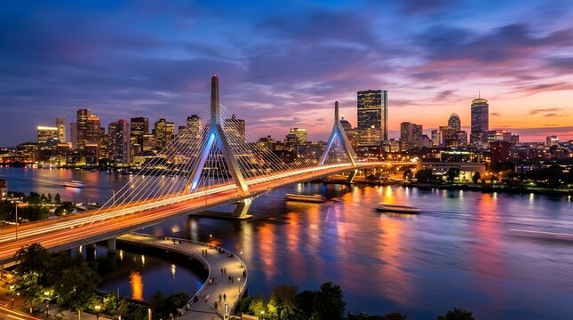 Iconic Cable-Stayed Bridge at Sunset with City Skyline Background, Colorful Water Reflections, Long Exposure Traffic Lights, and Vibrant Evening Sky for Urban Travel and Architecture