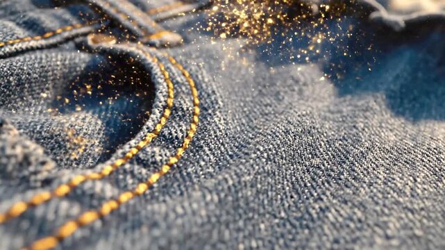 A close-up view of a blue fabric with yellow stitching