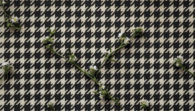 A chic black and white houndstooth pattern elegantly adorned with small delicate white flowers, creating a stylish and refined floral background.