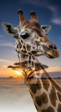 A majestic giraffe, its distinctive coat patterns mirrored against a vibrant savannah sunset. Wall Art, Poster, Animal Print, Landscape Printable