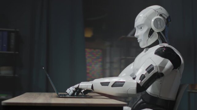 Focused robot coding, Quiet home office robot developer, Robot scientist working late in serene environment