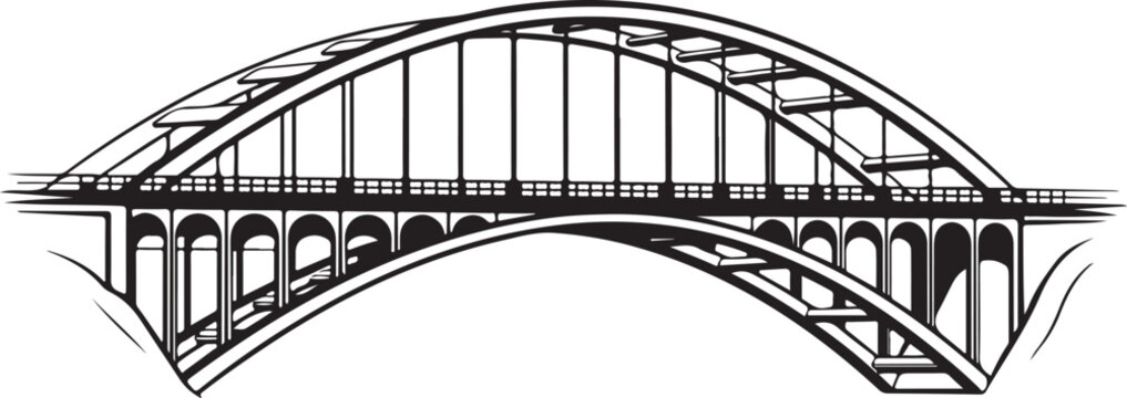 Steel arch bridge, metal bridge, black and white illustration, vector graphics, infrastructure design element
