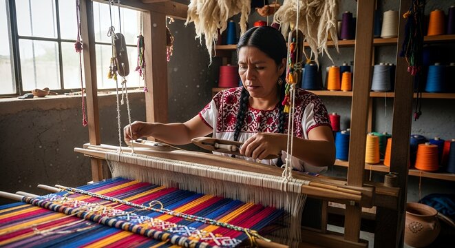 Indigenous artisan woman weaving vibrant textiles on a traditional handloom in a workshop