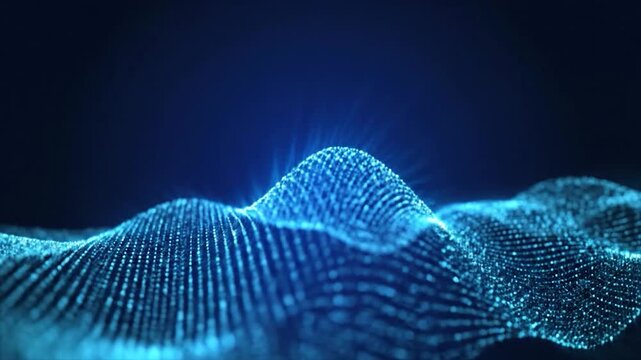 Glowing blue digital wave pattern on dark background.