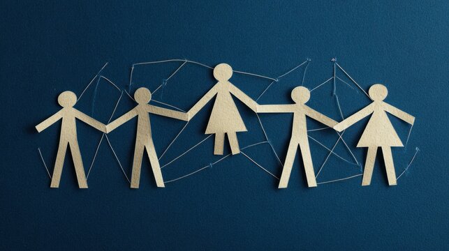 Minimalist paper people connecting to represent unity and community on dark blue background