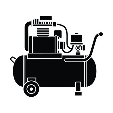 Industrial air compressor vector icon, black silhouette of portable electric piston compressor with tank and wheels, professional pneumatic power tool for workshop and garage