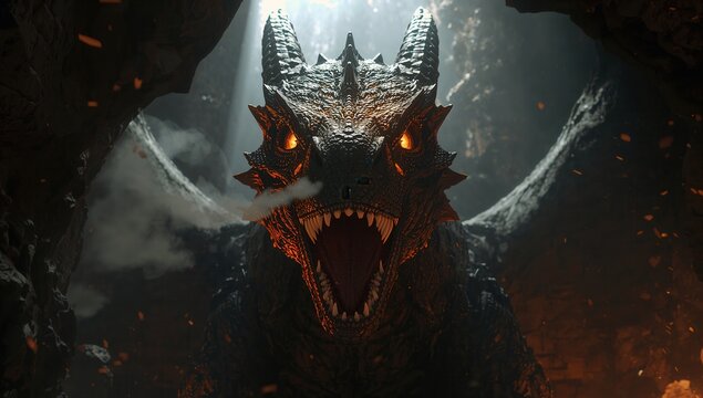 Dark fantasy dragon roaring with glowing details showcasing mythical creature strength aggression and epic visual
