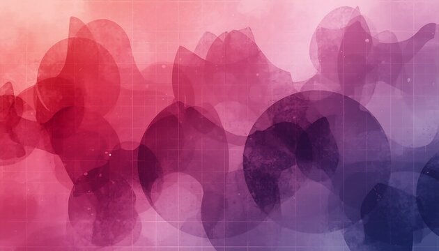 A dynamic abstract background features overlapping watercolor bubbles and translucent circles in shades of pink, purple, and blue.