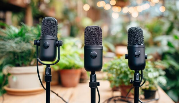 Three black professional dynamic microphones with grille and stand mounts in an outdoor environment