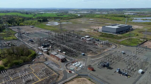 Aerial drone view of Drakelow electrical substation and pylons, critical infrastructure for UK grid resilience and energy security.