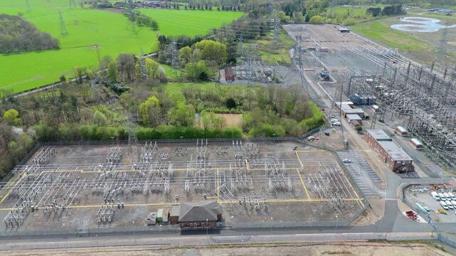 Aerial drone view of Drakelow electrical substation and pylons, critical infrastructure for UK grid resilience and energy security.