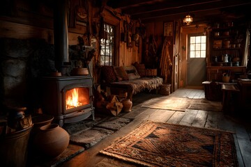 Obraz premium The hearth glows warmly in a cozy cabin with flickering flames and rustic clay pots.