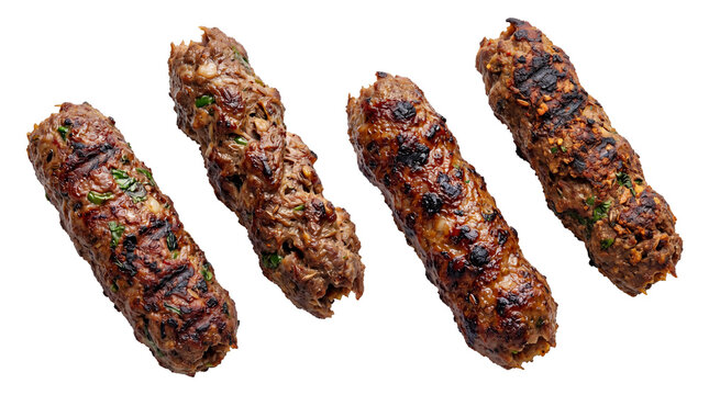 Grilled lamb kofta kebabs with charred texture, traditional middle eastern minced meat skewers, roasted beef lula kebab for restaurant menu isolated PNG with Transparent Background