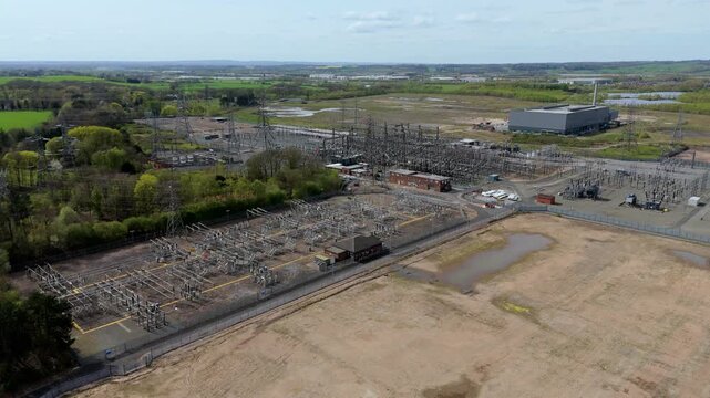 Aerial drone view of Drakelow electrical substation and pylons, critical infrastructure for UK grid resilience and energy security.