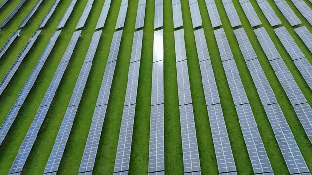 Aerial close up of photovoltaic panels at Packington Solar Farm in Leicestershire UK